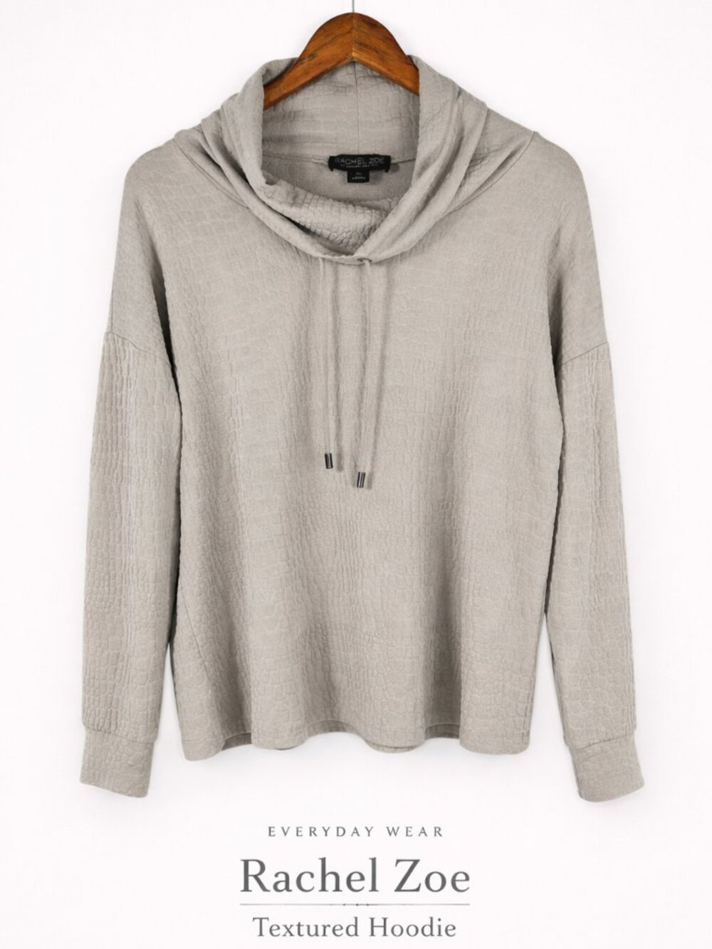 Rachel Zoe Croc Texture Hoodie Top Taupe Modal Blend Size L
